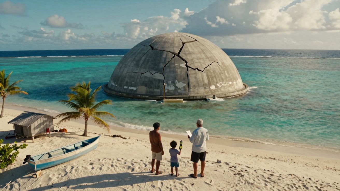 Três pessoas numa praia observam uma grande cúpula de cimento rachada parcialmente submersa no mar.