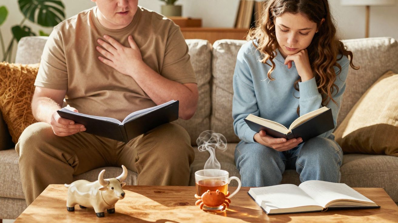 Homem e mulher sentados no sofá a ler livros, com chá quente numa mesa de madeira à frente.