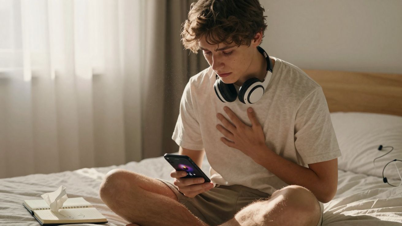 Jovem sentado na cama, preocupado, a olhar para o telemóvel, com headphones ao pescoço e bloco de notas ao lado.