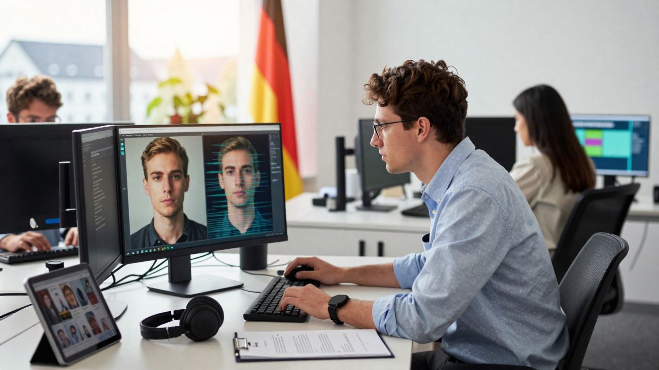 Homem a analisar imagens digitais de rosto em computador num escritório com colegas ao fundo.