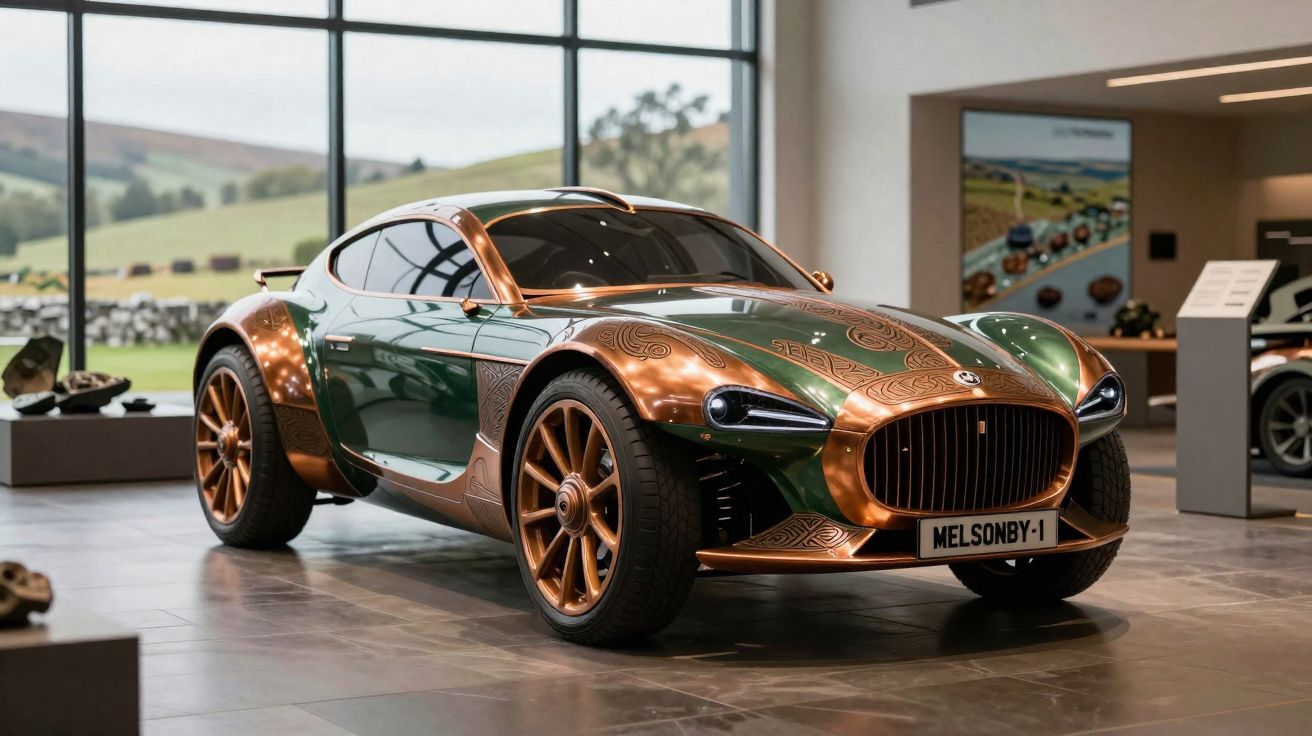 Carro desportivo moderno verde e bronze com design elegante numa exposição interior com chão cinza.
