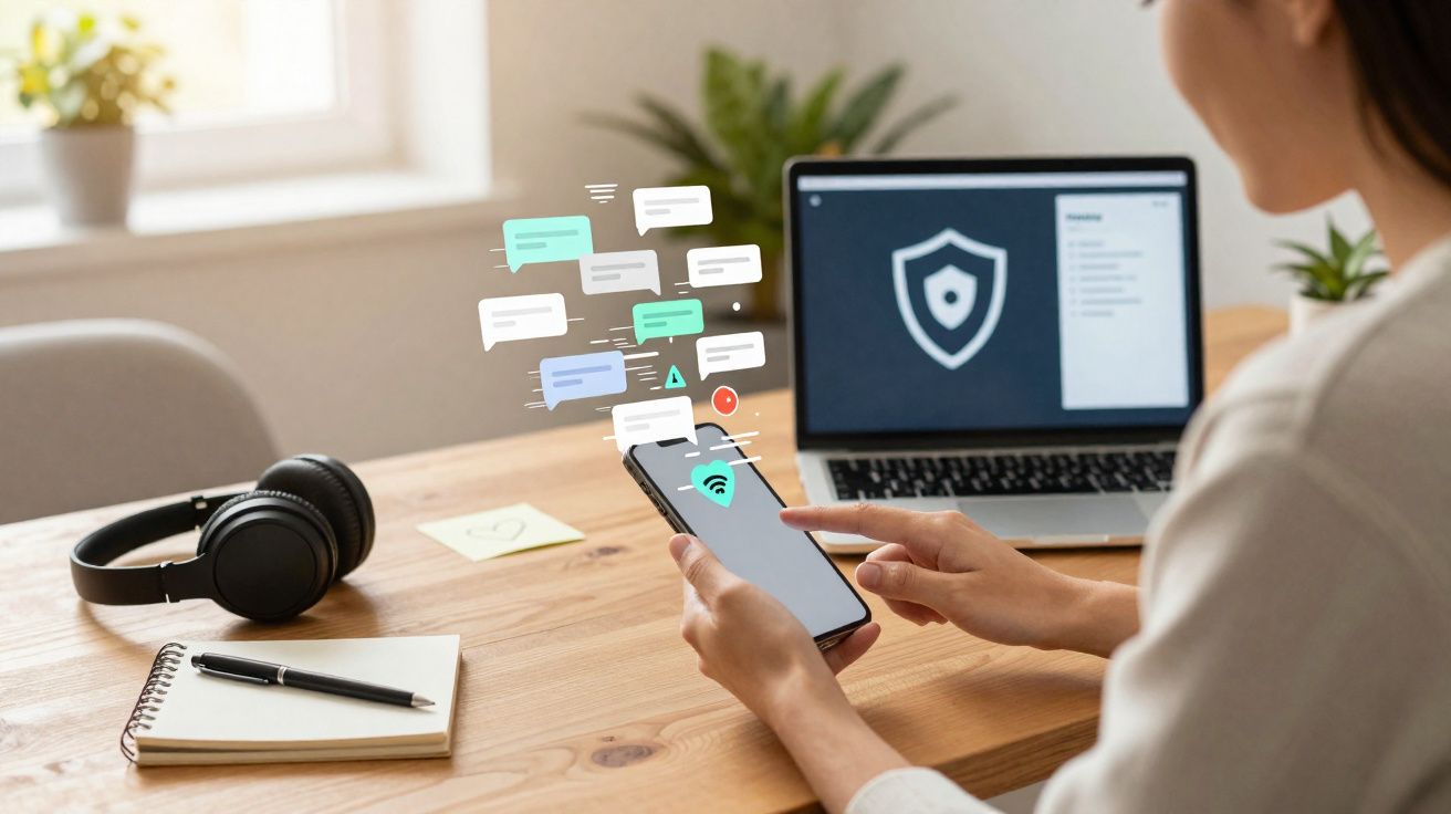 Pessoa a usar smartphone com ícones de mensagens digitais e portátil com símbolo de segurança numa mesa.