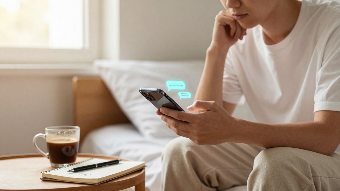 Pessoa sentada a consultar mensagens num smartphone, com mesa, caderno, caneta e café ao lado.