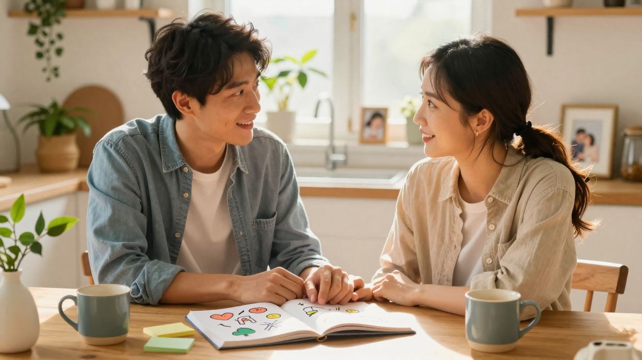 Casal sorridente sentado à mesa da cozinha a olhar-se enquanto folheiam um livro com desenhos coloridos.