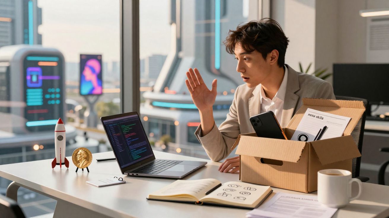 Homem a trabalhar em laptop com caixa de papelão e utensílios numa mesa de escritório moderna.