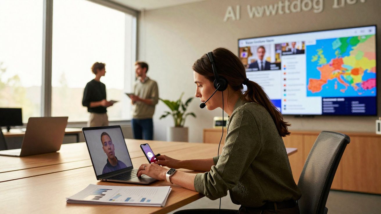 Mulher com headset em videoconferência num escritório moderno com colegas e ecrã com mapa ao fundo.