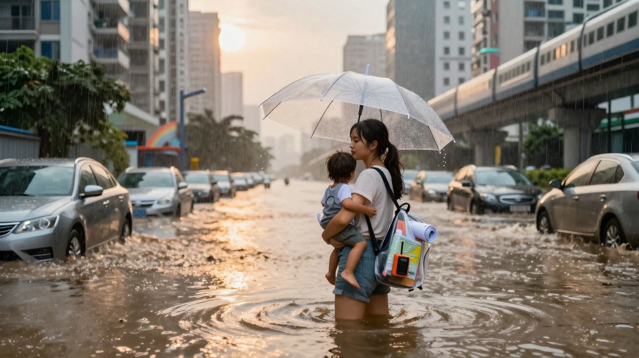 Mulher com criança ao colo protege-se da chuva com guarda-chuva em rua inundada numa cidade urbana ao entardecer.