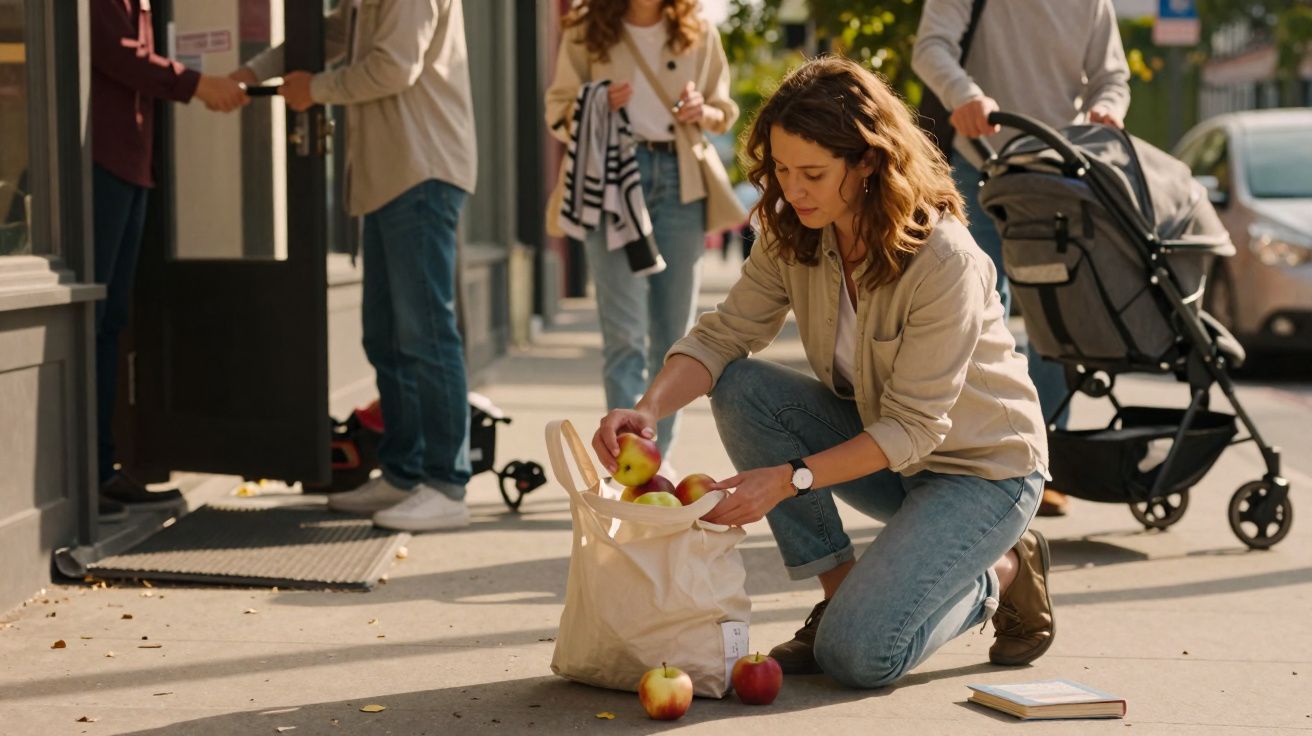 Mulher ajoelhada arruma maçãs numa sacola reutilizável na rua, com pessoas e carrinho ao fundo.