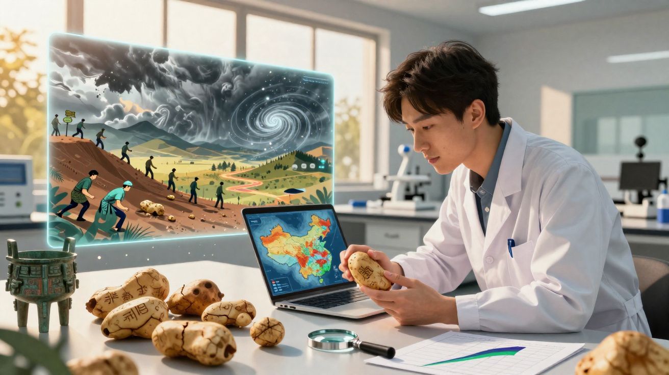 Cientista analisa batatas com escrita antiga, mapa digital da China e projeção de evolução humana num laboratório.