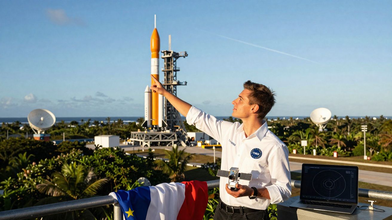 Homem com camisa branca aponta para um foguetão na plataforma de lançamento, com bandeira da UE e computador ao lado.