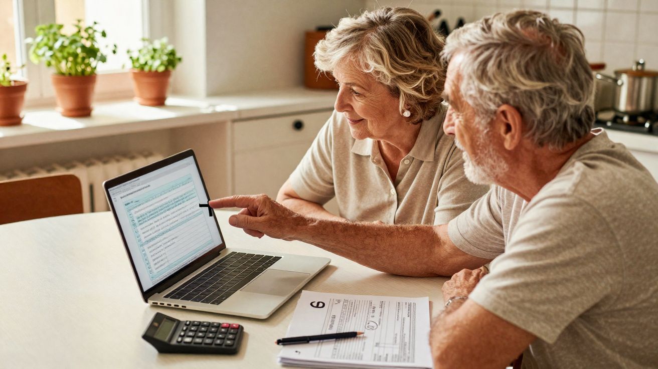Casal sénior sentado à mesa a analisar documentos e informações num computador portátil na cozinha.