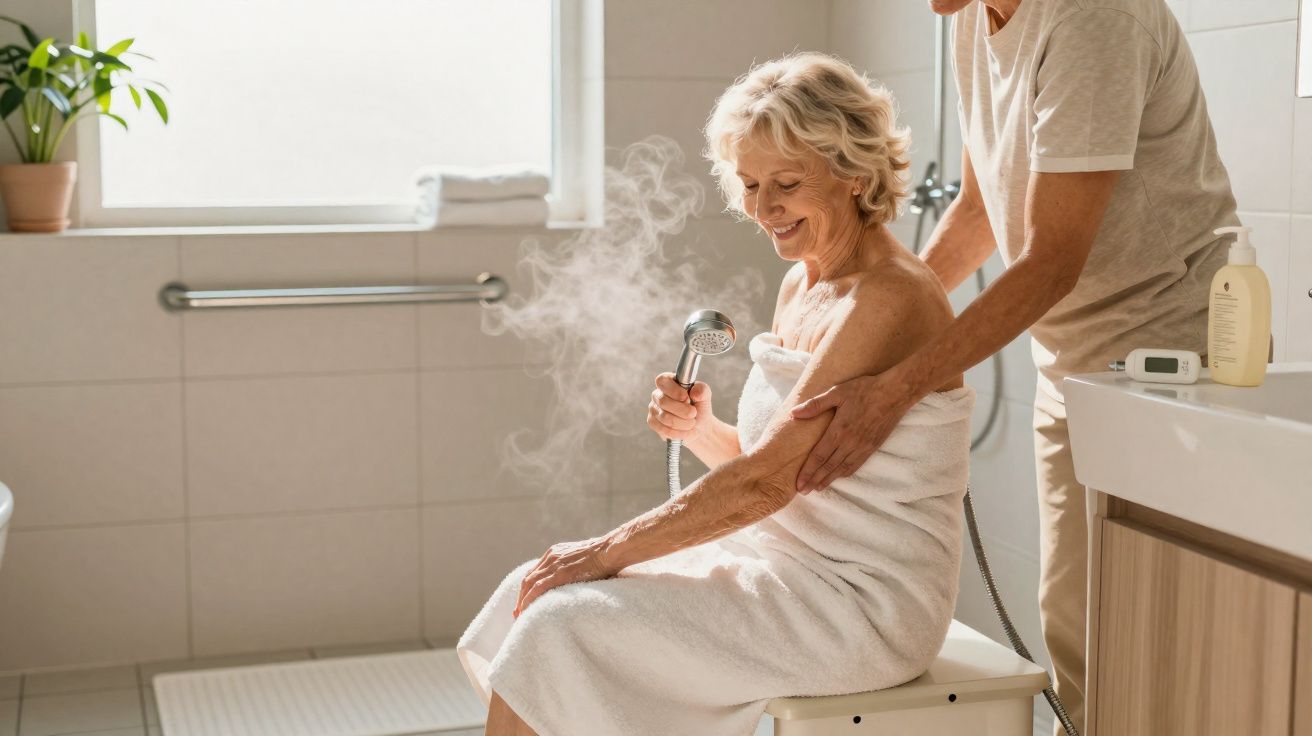 Idosa sentada enrolada em toalha a receber apoio de cuidador durante banho com chuveiro neste banheiro iluminado.