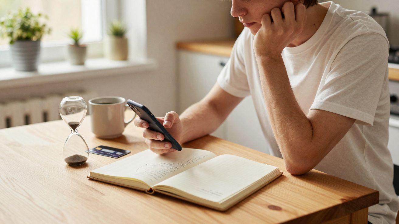 Pessoa sentada à mesa a olhar para o telemóvel com agenda aberta, ampulheta, cartão e chávena ao lado.