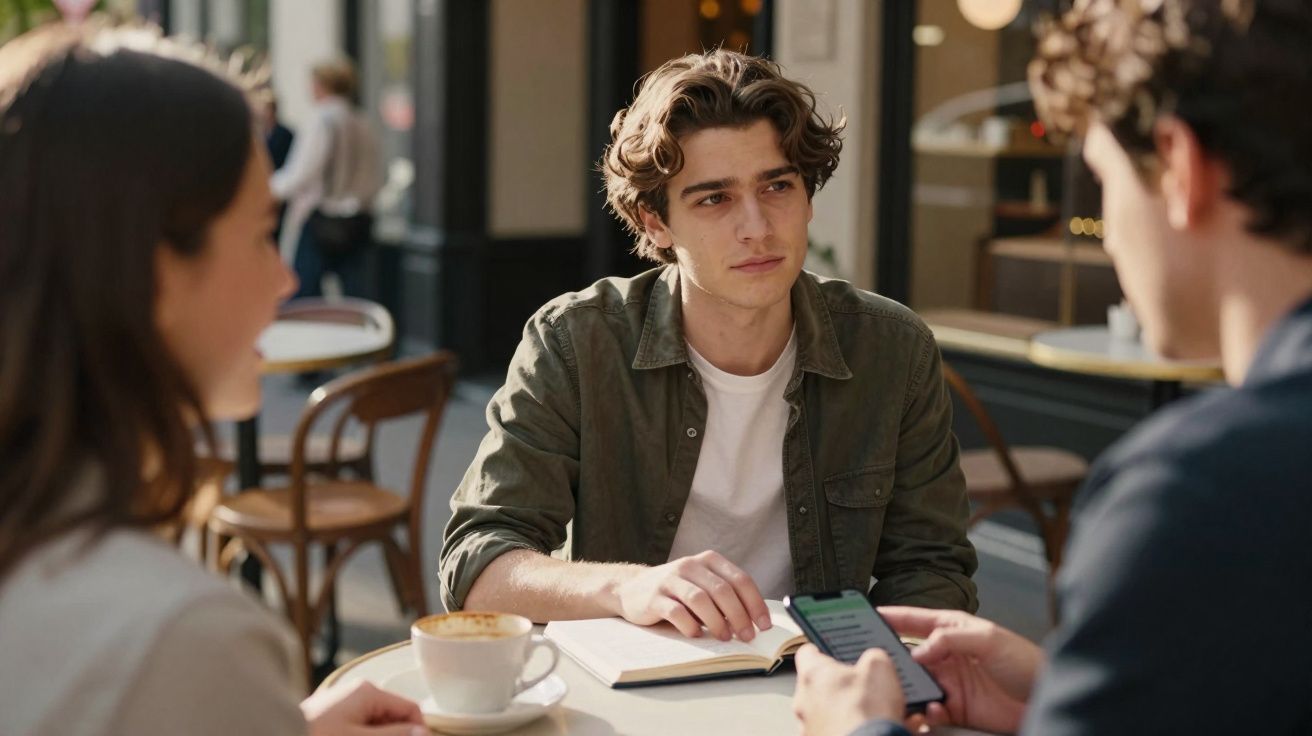Jovem sentado à mesa com duas pessoas, conversa séria num café, com livro e chá quente à frente.