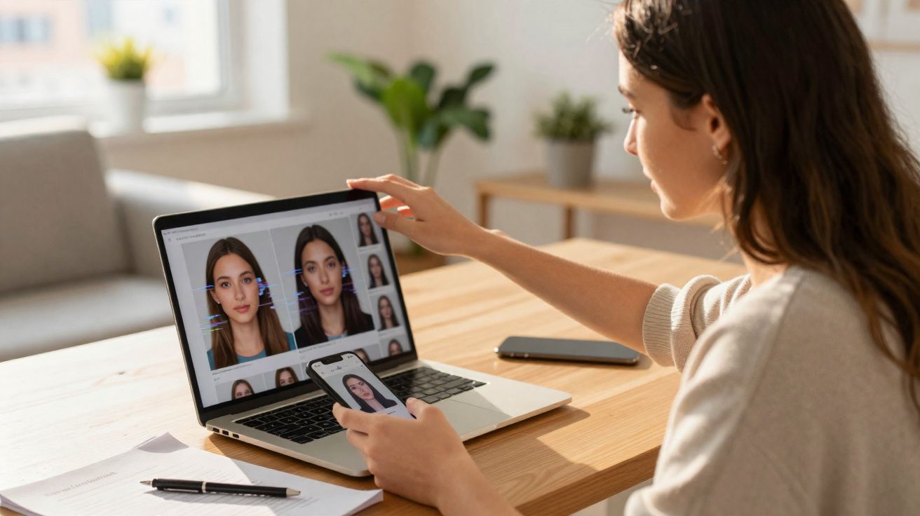 Mulher a comparar fotos de perfil no telemóvel e no portátil numa mesa de madeira num ambiente luminoso.