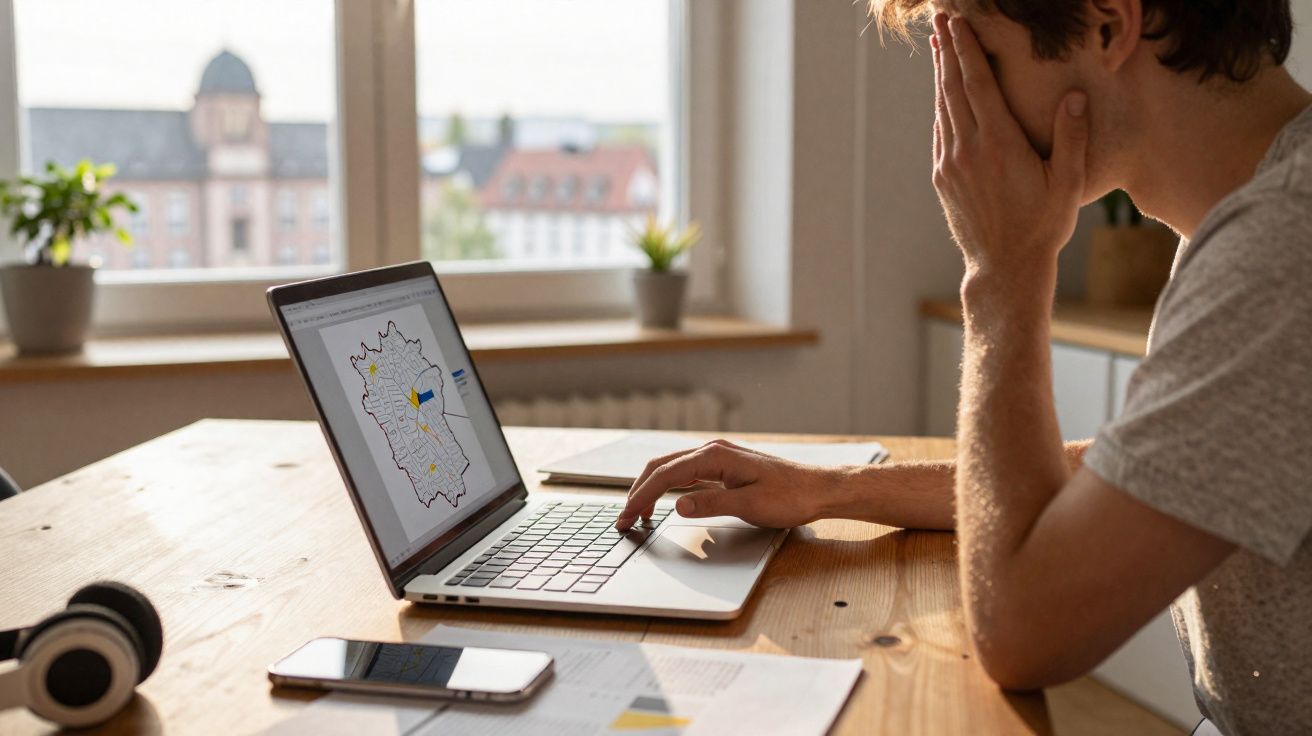 Homem sentado à mesa com portátil aberto numa aplicação de mapas, mostrando expressão de preocupação.