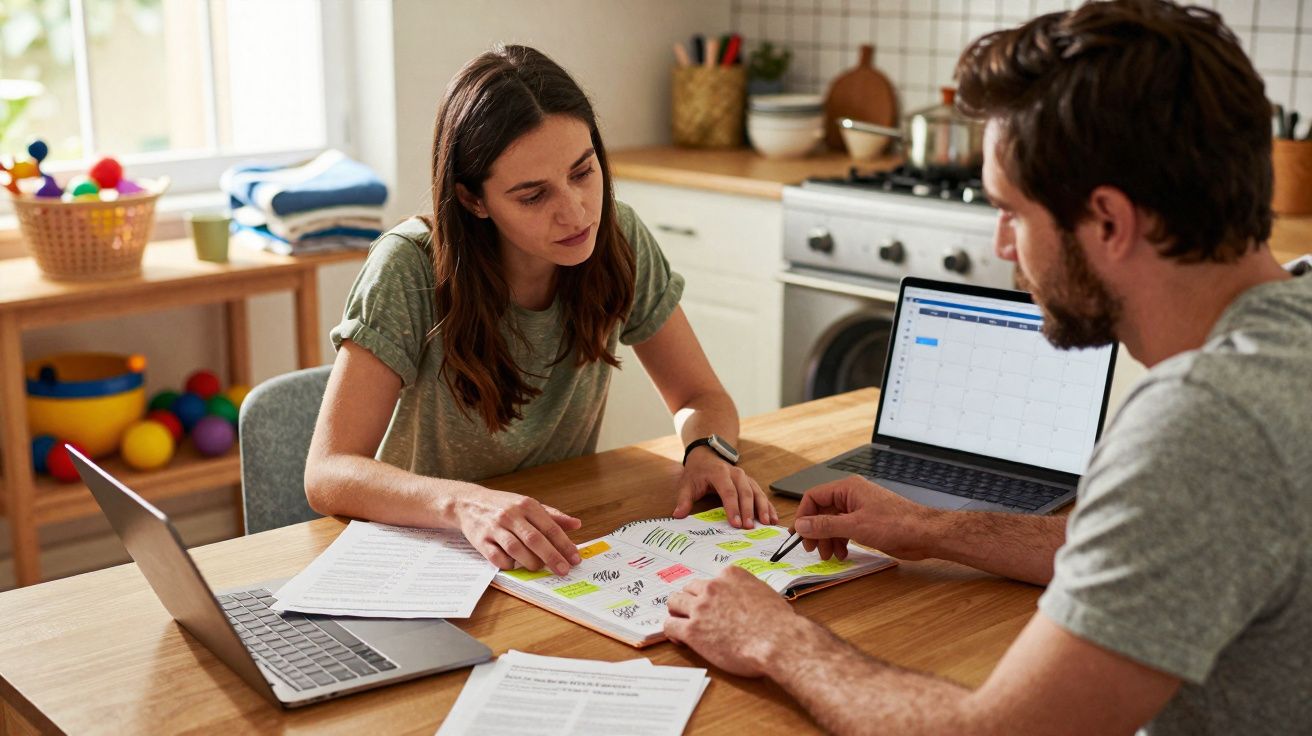 Casal jovem planeia tarefas num caderno com portáteis abertos numa cozinha iluminada.