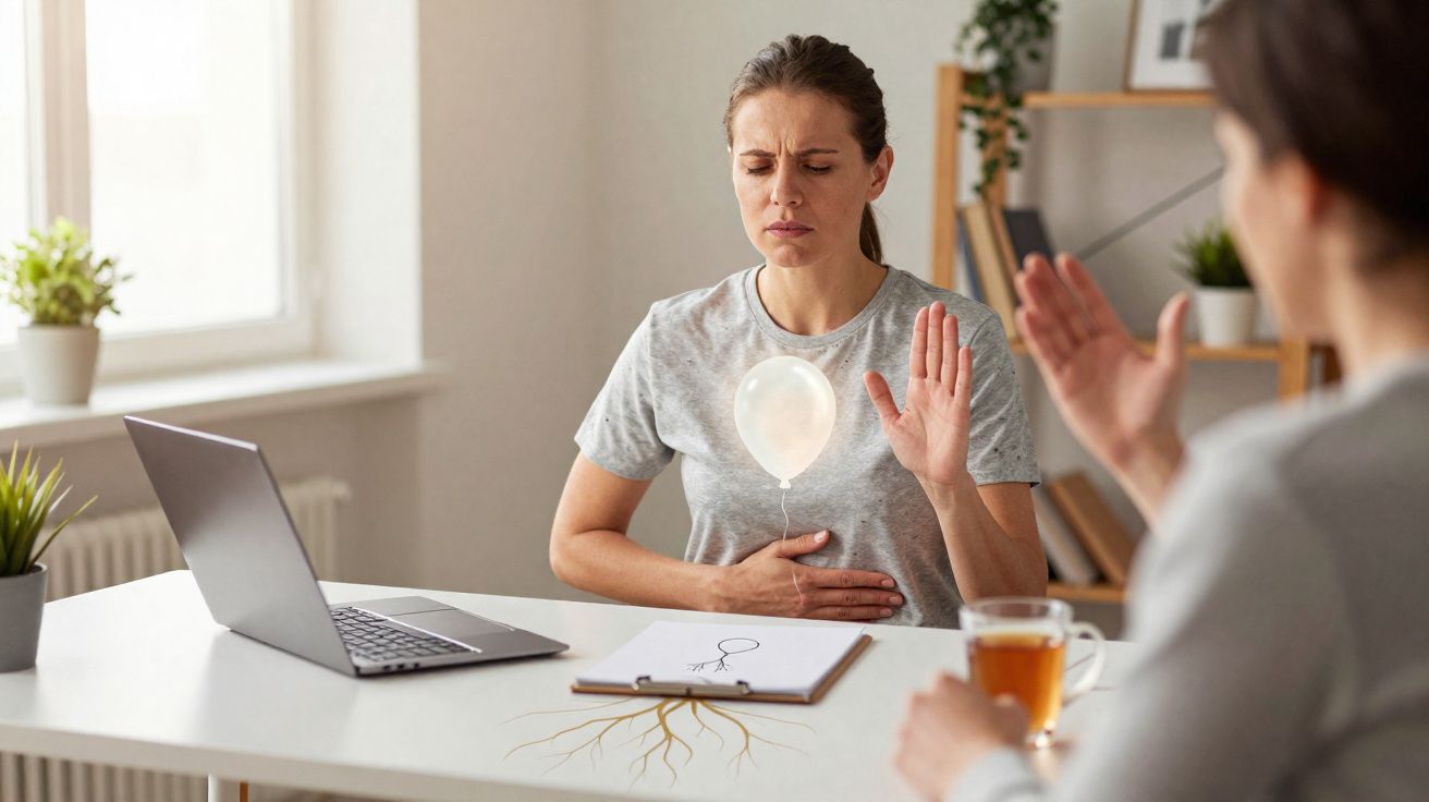 Mulher com desconforto abdominal a recusar balão durante consulta médica virtual, com laptop e chá na mesa.