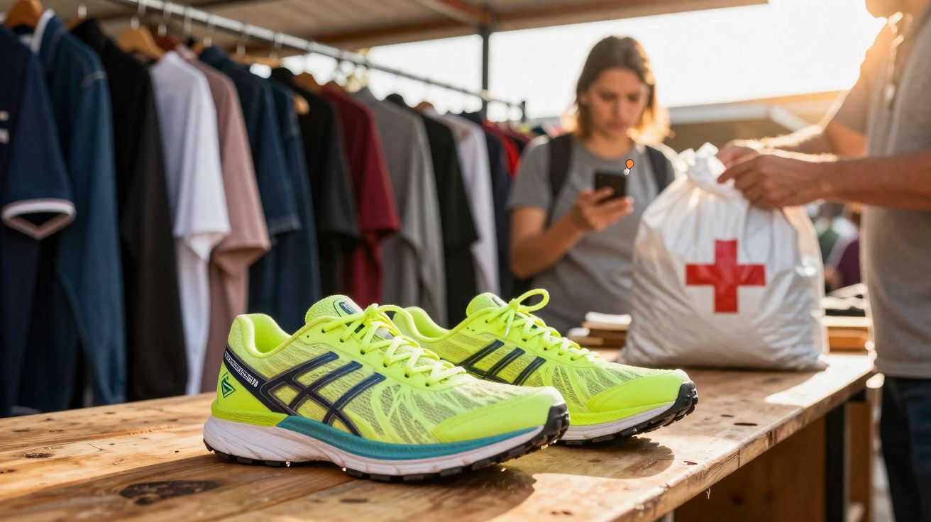 Ténis amarelos em mesa de madeira com roupas penduradas e duas pessoas ao fundo numa bolsa da Cruz Vermelha.