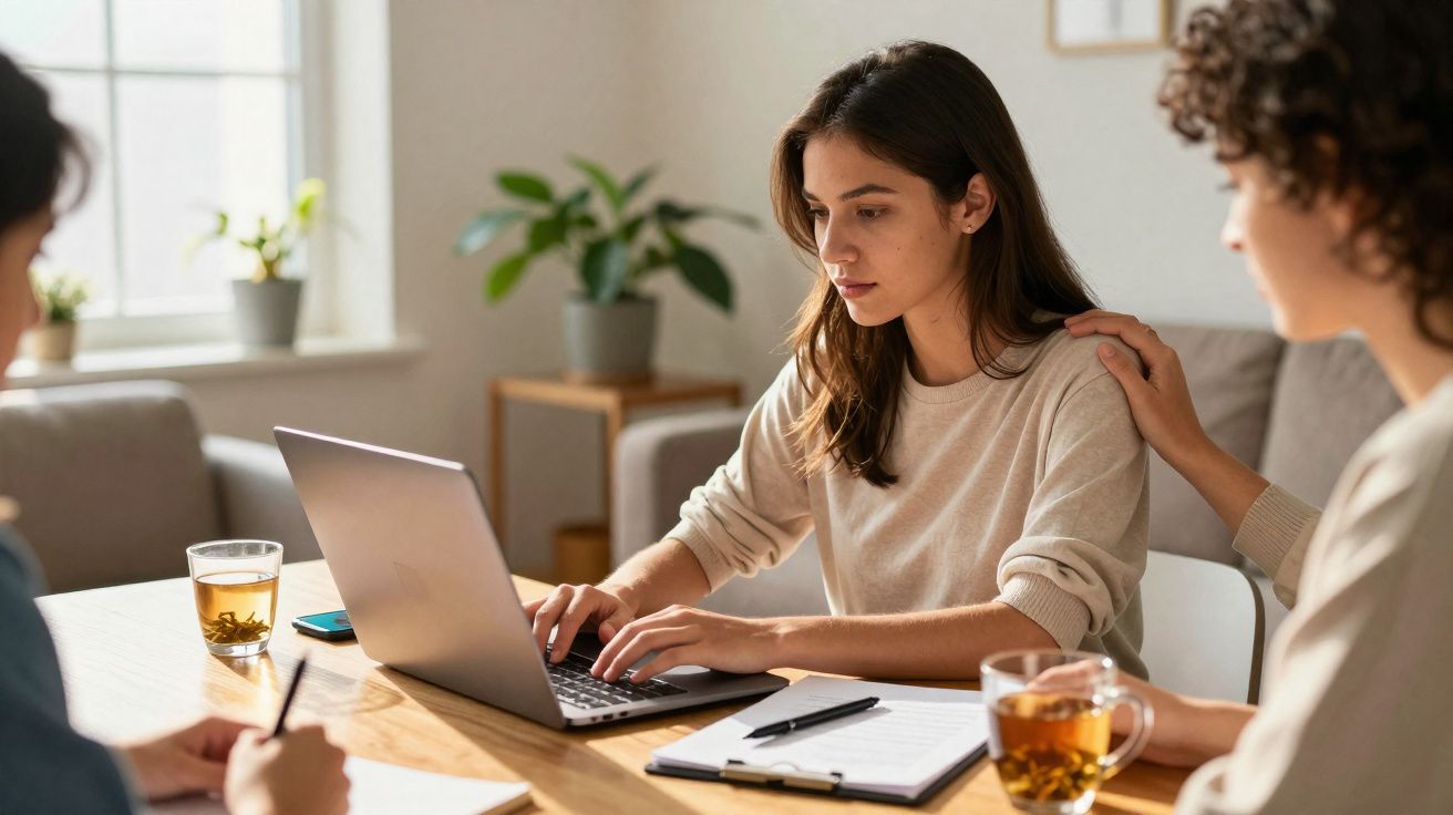Mulher concentra-se a trabalhar no portátil, com outra pessoa a apoiá-la ao colo, numa mesa com chá e papéis.