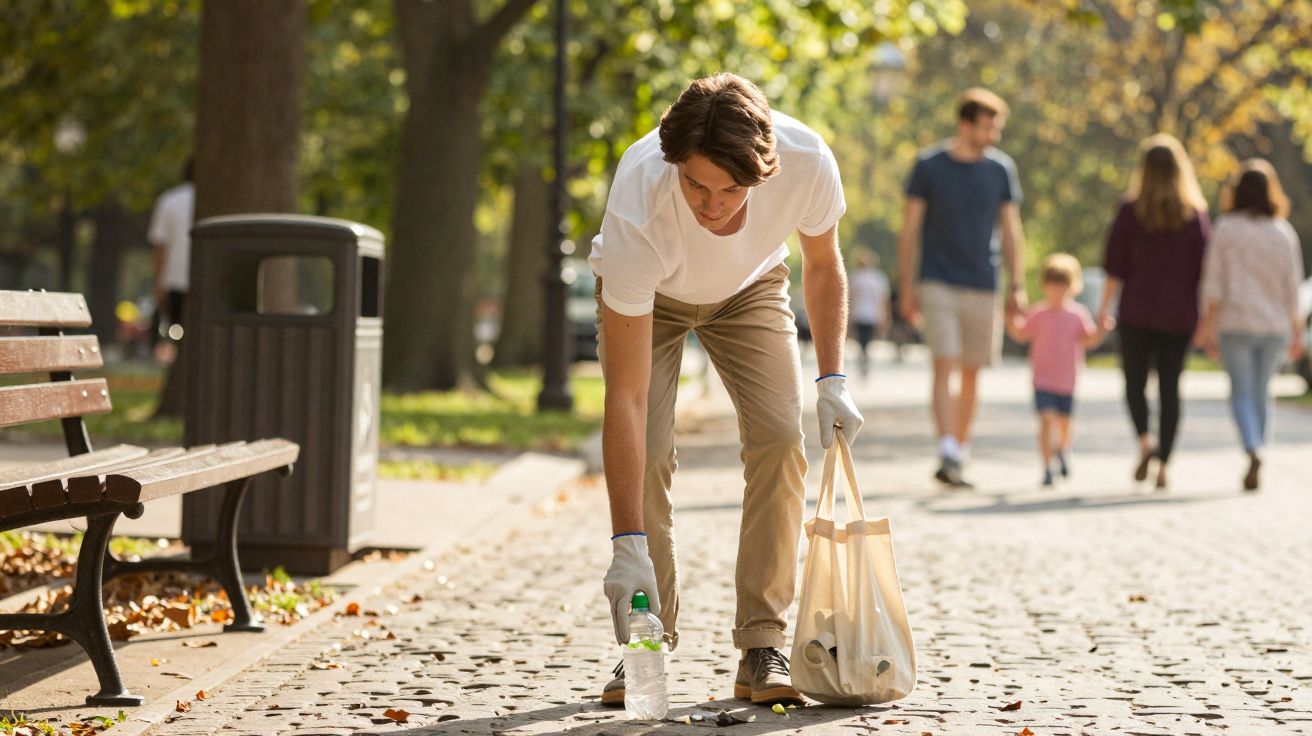 Homem jovem apanha lixo no chão de um parque urbano durante um dia ensolarado.