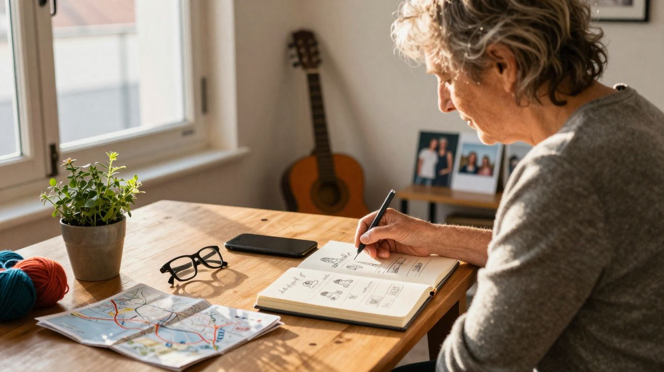 Pessoa idosa a desenhar em caderno numa mesa com planta, mapa, óculos e telemóvel, ao lado de guitarra.