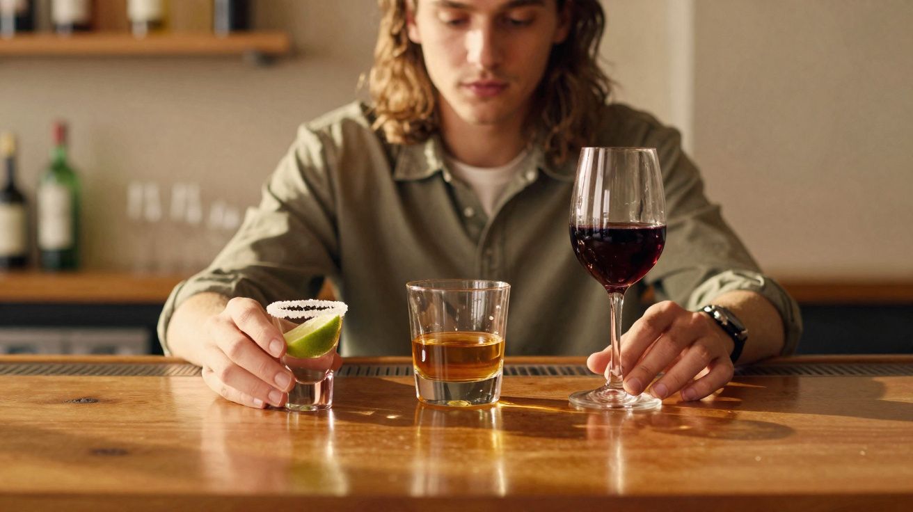 Jovem num bar a segurar três copos com bebidas diferentes sobre o balcão de madeira.