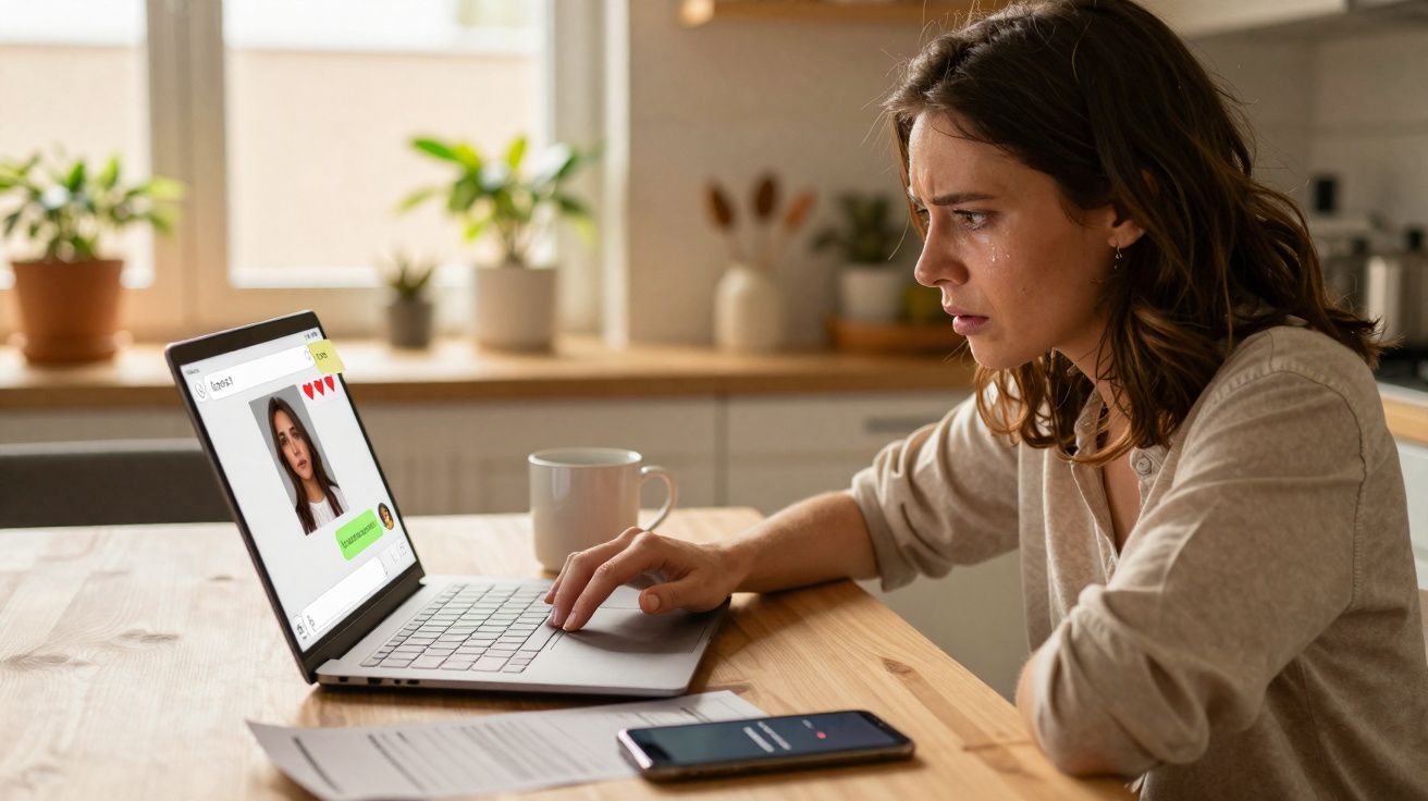 Mulher preocupada a olhar para mensagem no computador portátil numa cozinha iluminada.