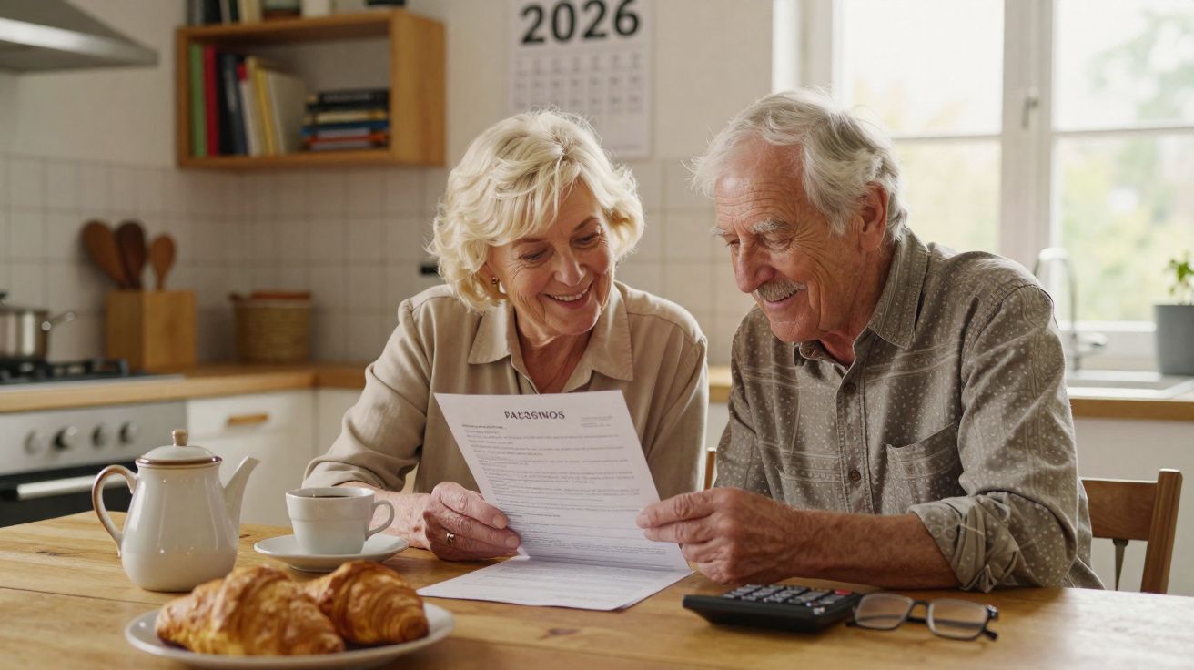 Casal sénior a ler documentos e calcular contas numa cozinha luminosa, sorrindo juntos.