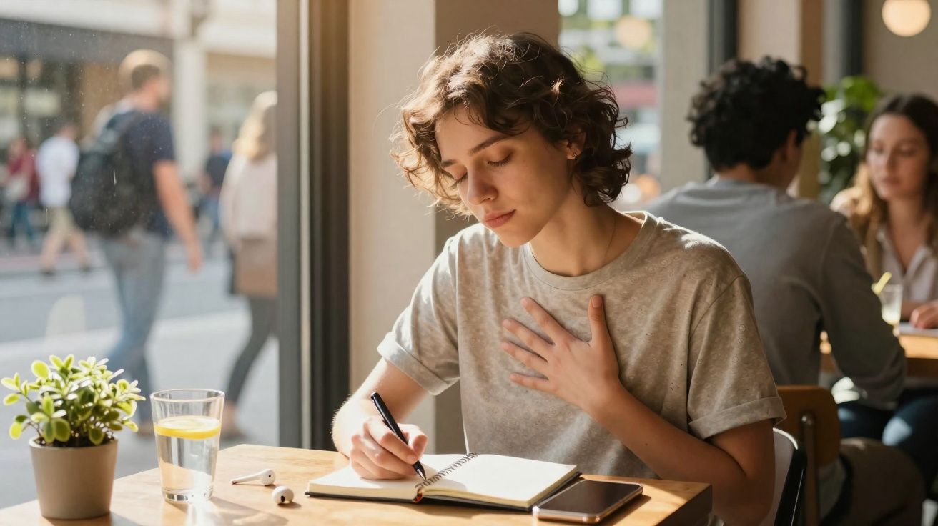 Pessoa jovem a escrever num caderno num café com luz natural e vista para a rua movimentada.