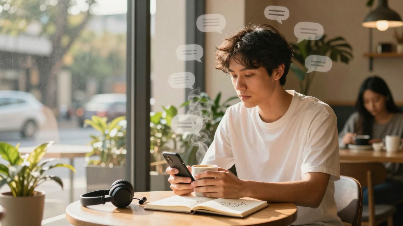 Jovem sentado num café, a olhar para o telemóvel enquanto bebe uma chávena quente.