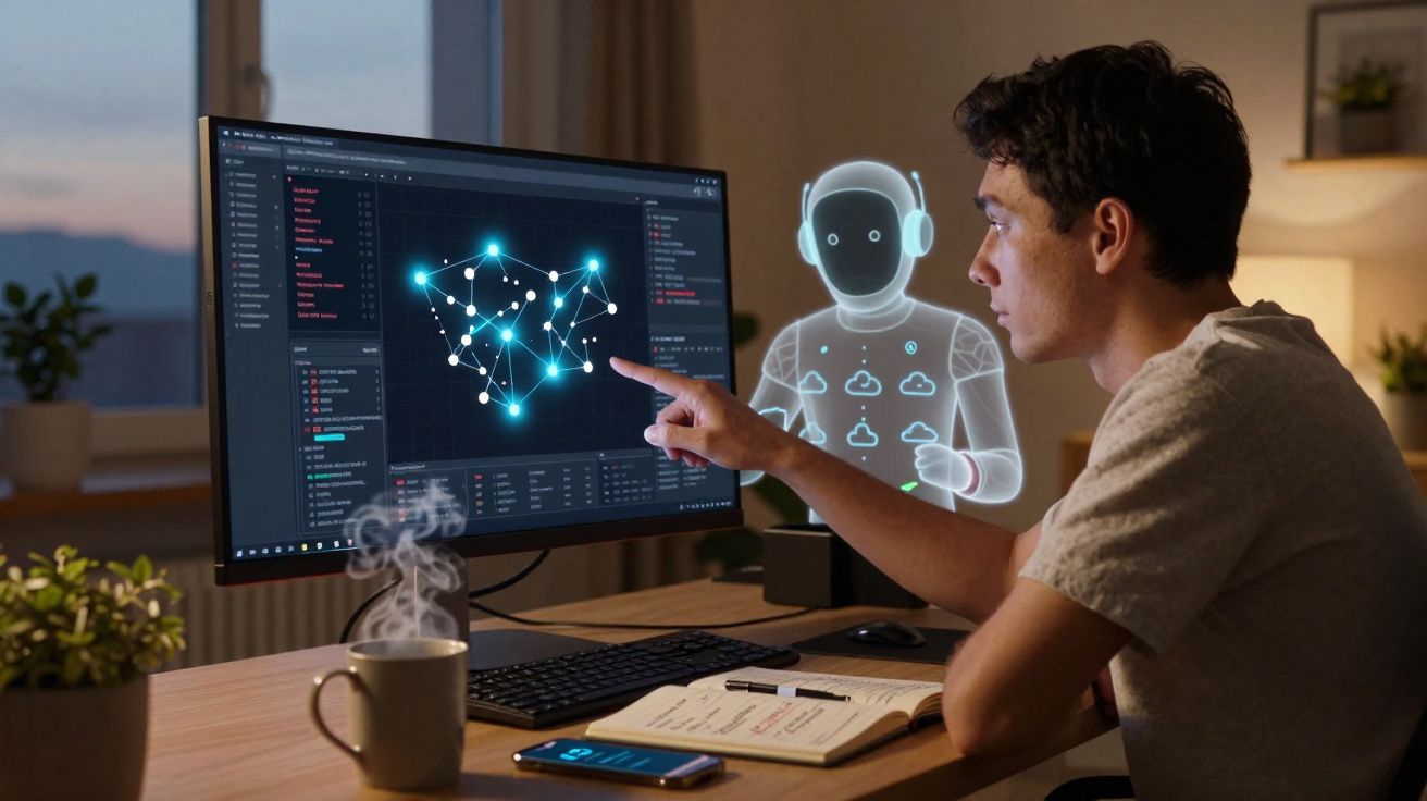 Jovem a trabalhar num computador com um holograma futurista de um assistente virtual ao seu lado.