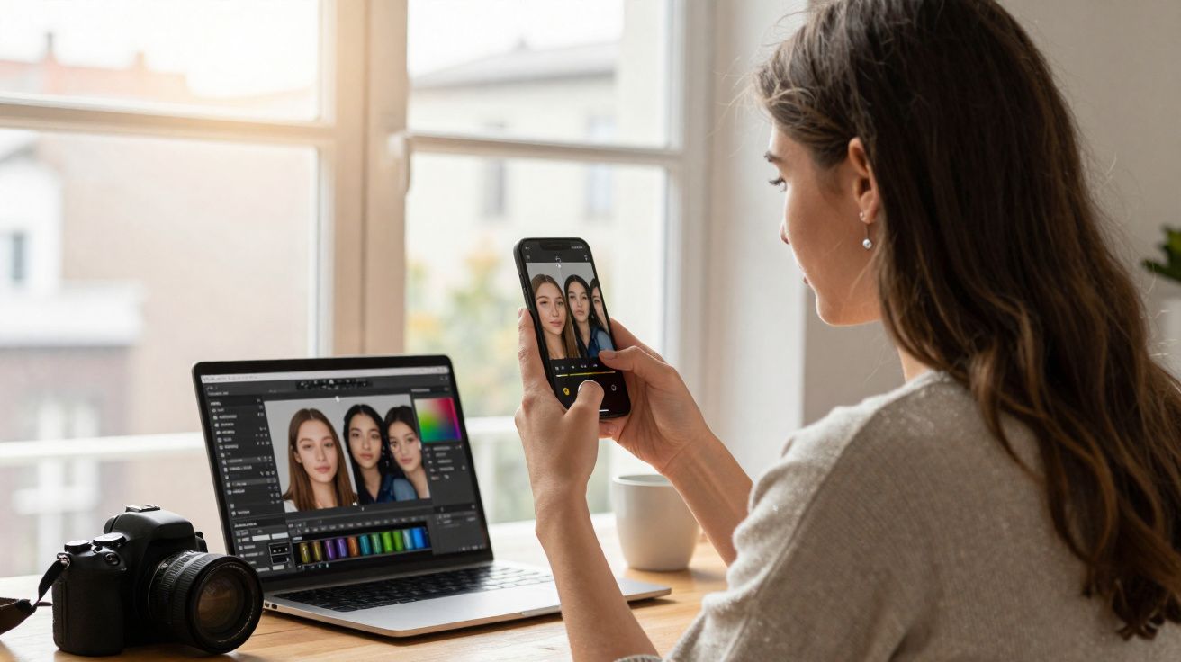 Mulher editando fotografias de três mulheres no telemóvel, com o mesmo retrato aberto num computador portátil.