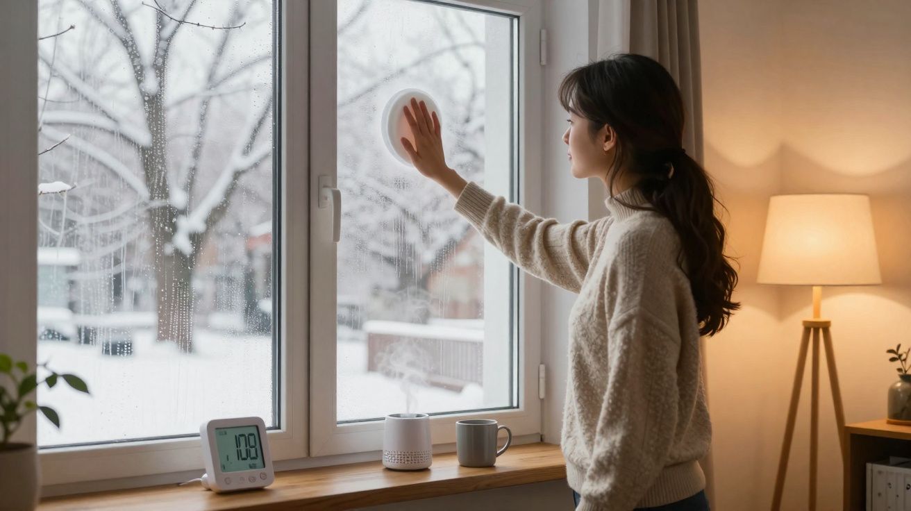 Mulher limpa a janela coberta de orvalho com neve visível no exterior, luz suave de candeeiro interior ligada.