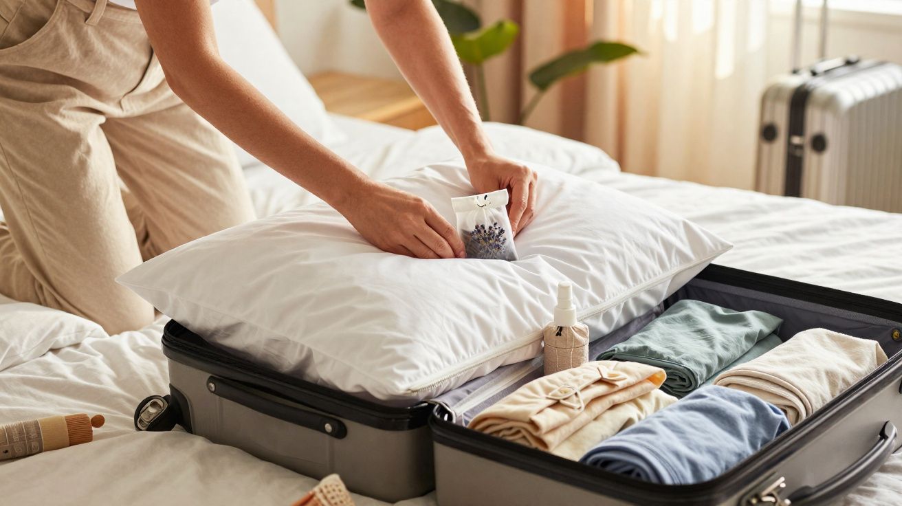 Pessoa a colocar saquinho de lavanda num travesseiro ao lado de mala aberta com roupa dobrada.