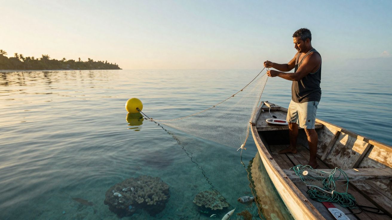 Homem recolhe rede de pesca numa pequena embarcação sobre mar calmo ao amanhecer.