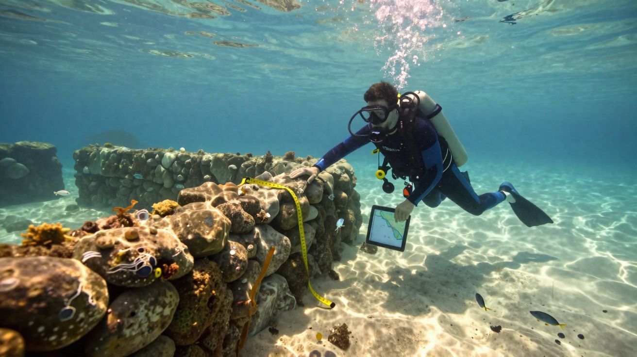 Mergulhador a medir e documentar estruturas de pedras subaquáticas em águas claras com peixes à volta.