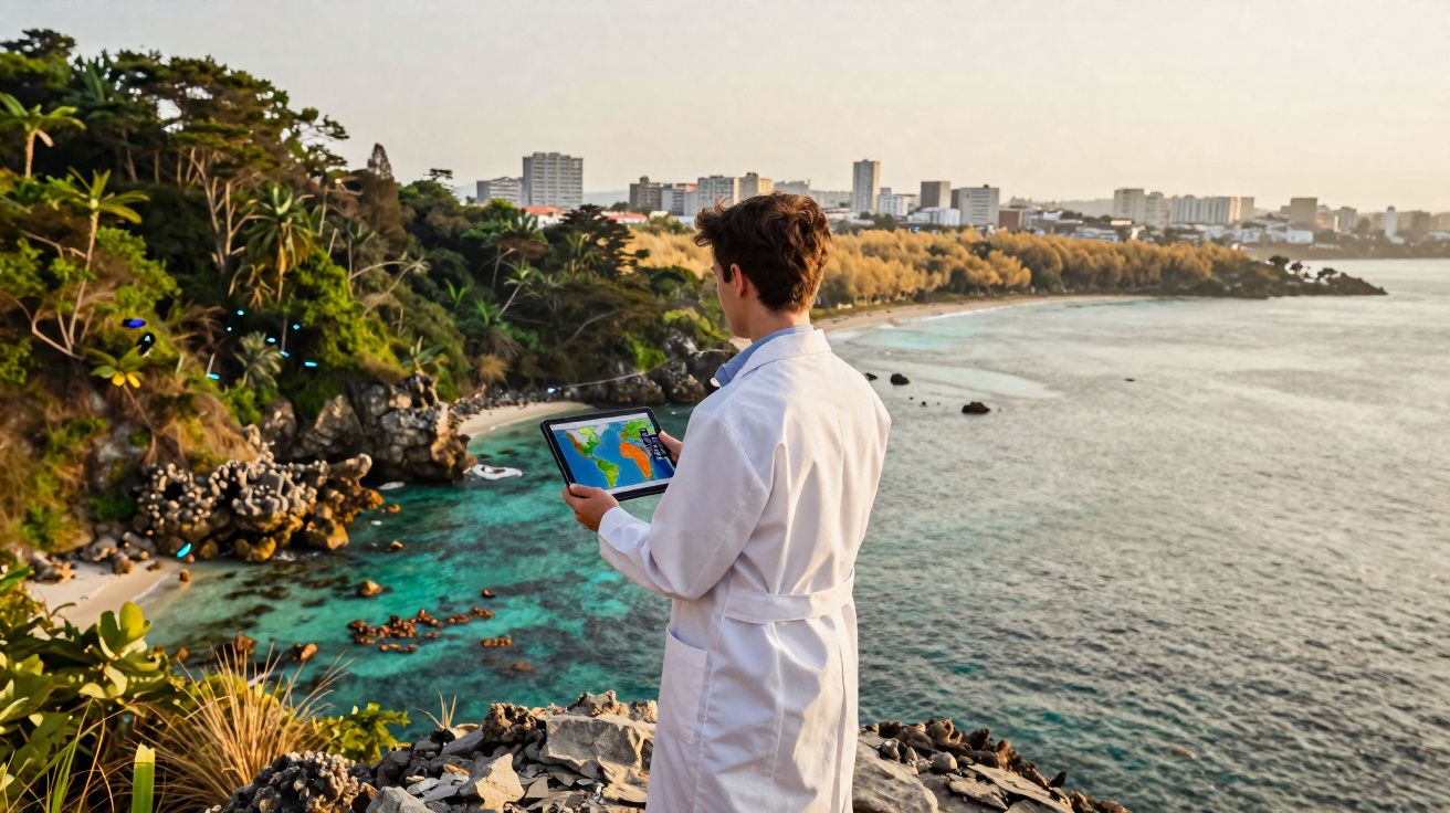 Pessoa de bata branca a observar mapa digital junto a costa rochosa com cidade ao fundo ao pôr do sol.