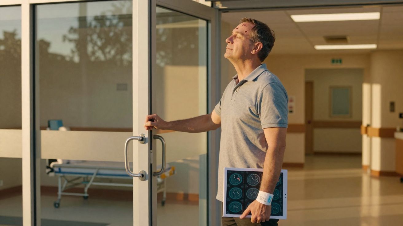 Homem com pulseira hospitalar abre porta e desfruta da luz do sol segurando exames médicos.