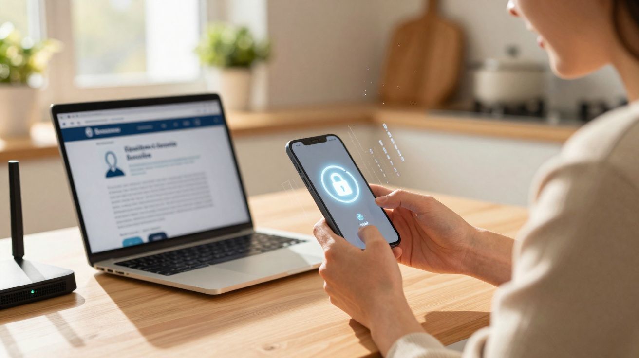 Pessoa a usar smartphone com ícone de cadeado digital aberto, junto a computador portátil numa mesa.