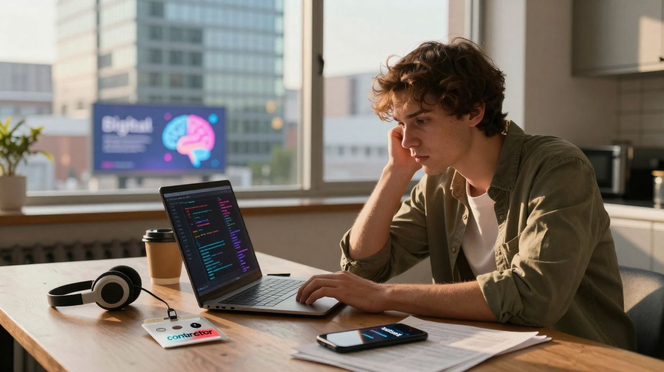 Jovem a programar num portátil numa mesa com auscultadores, smartphone e cartão de identificação.