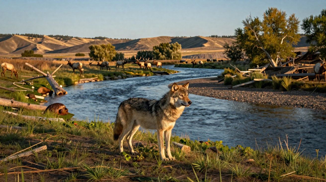 Lobo ao lado de um rio com cervos e vegetação sob luz dourada do entardecer em paisagem natural.