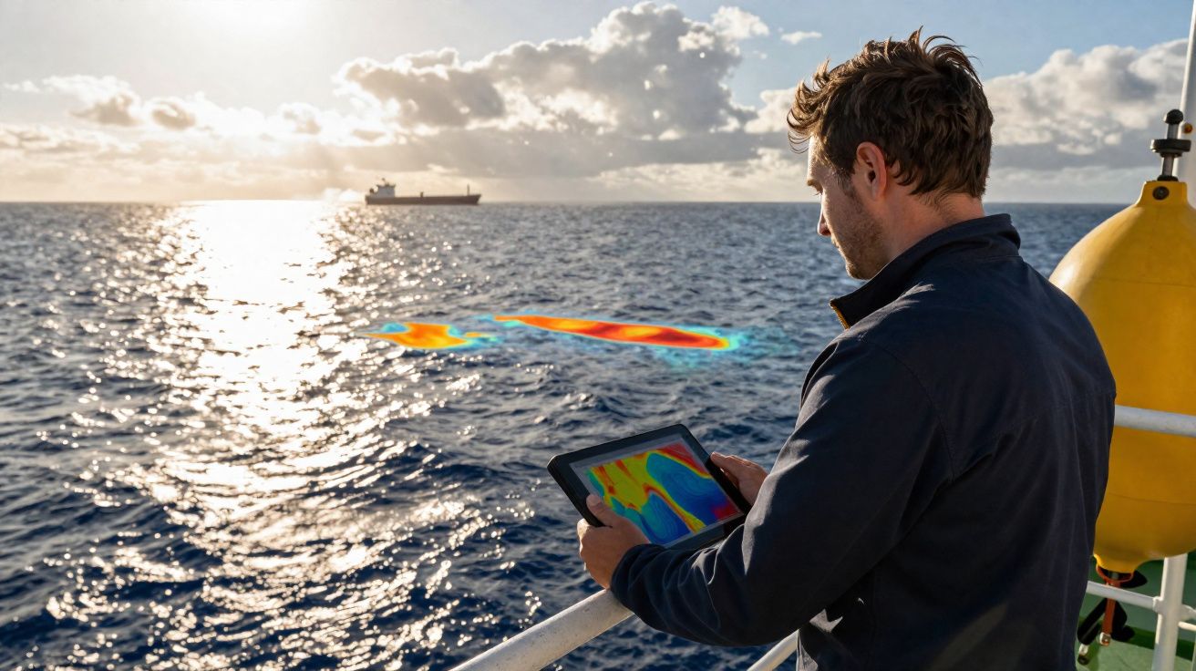 Homem num barco a analisar dados térmicos no tablet com mar e navio ao fundo ao pôr do sol.