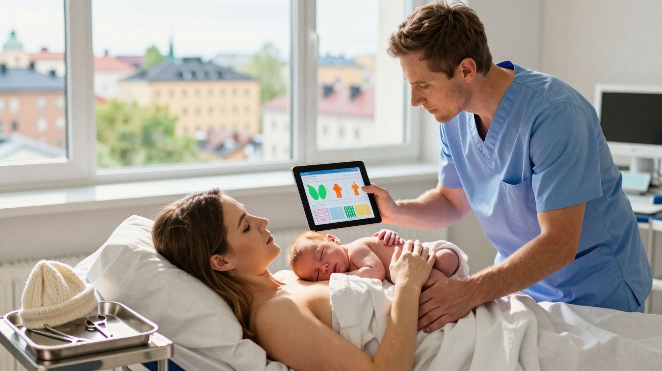 Enfermeiro mostra informação num tablet a mãe a amamentar o recém-nascido no hospital.