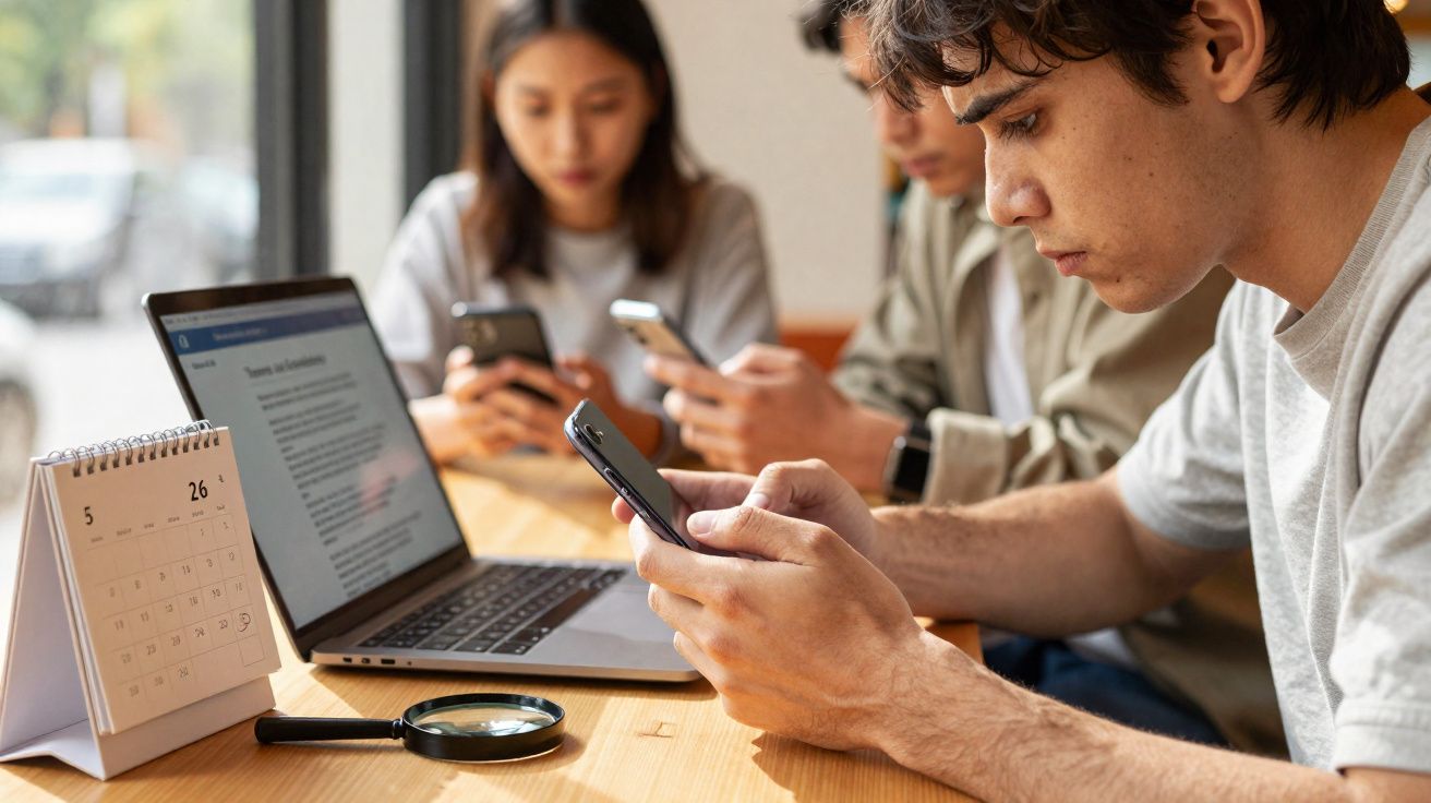 Três jovens sentados numa mesa com portátil e telemóveis, focados nas ecrãs dos dispositivos móveis.