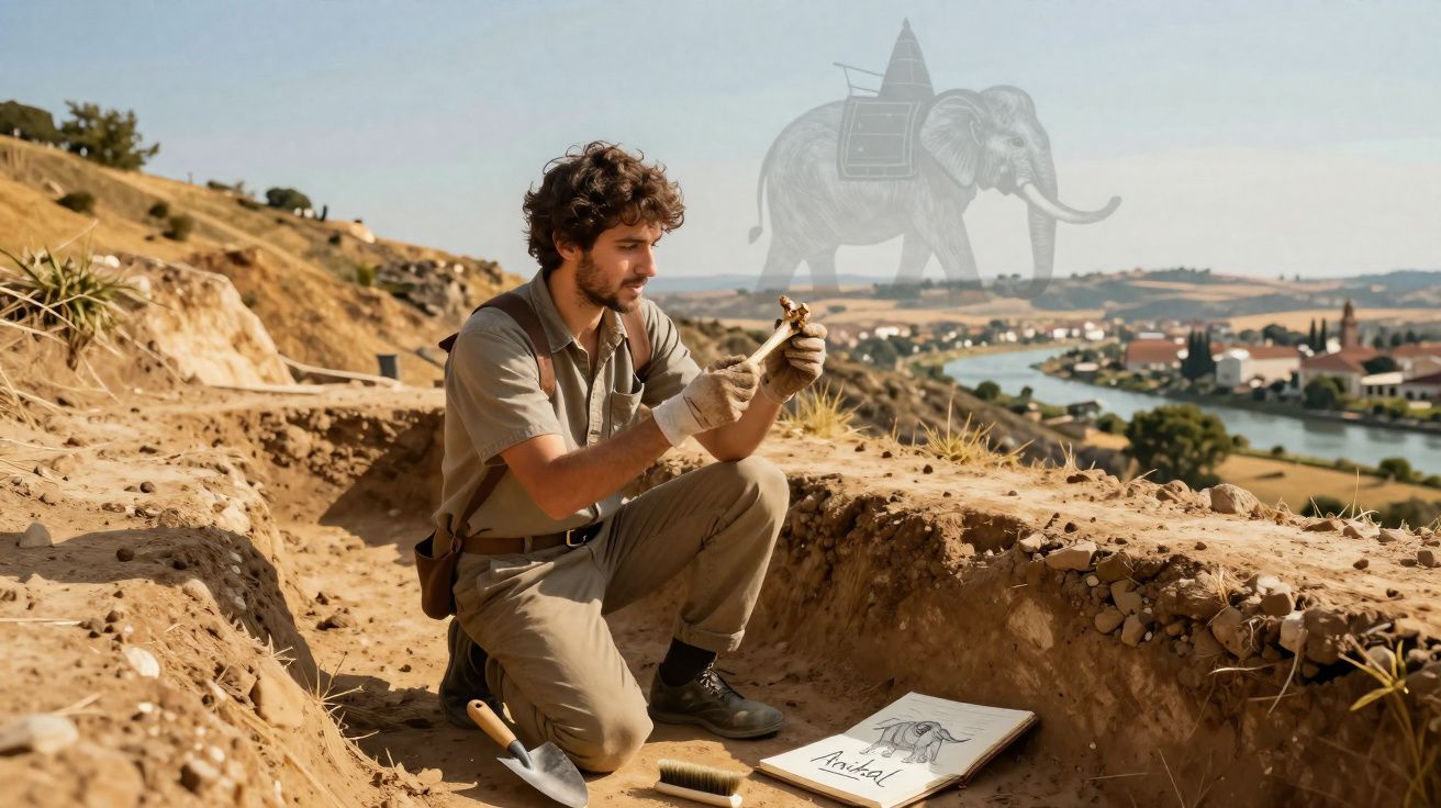 Arqueólogo a examinar um pequeno artefacto num sítio escavado com rio e aldeia ao fundo.