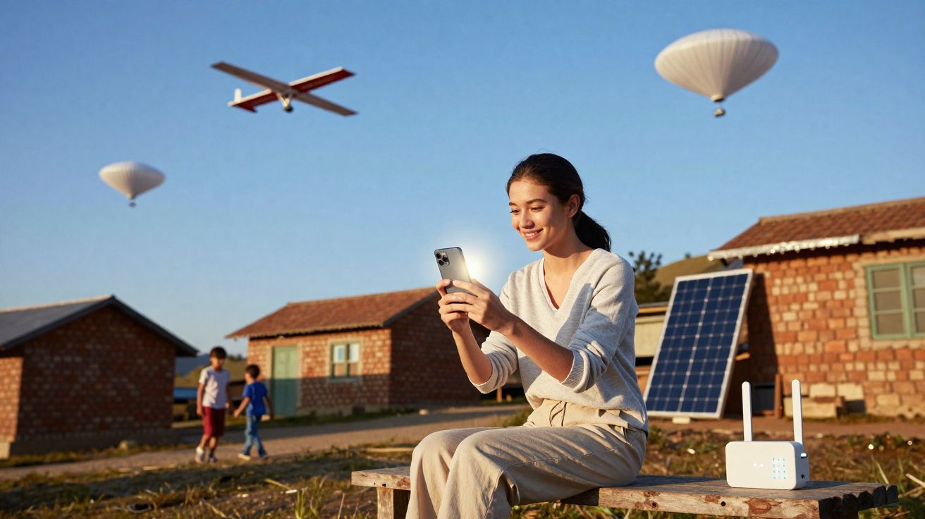 Mulher sentada ao ar livre a usar telemóvel, com casas, crianças, balões e avião no céu ao fundo.