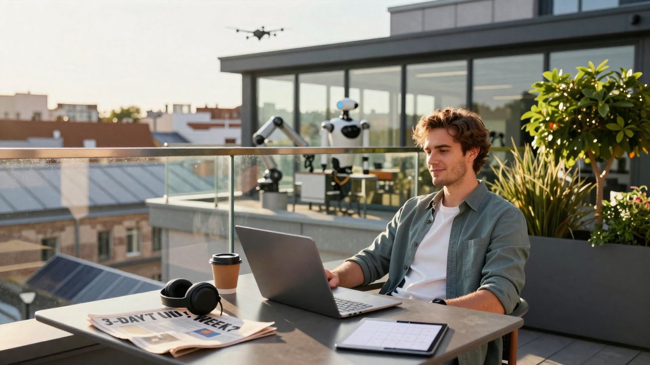 Homem jovem a trabalhar num portátil numa varanda urbana com drone e robôs ao fundo.