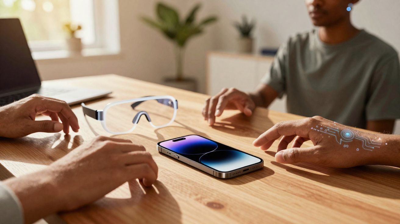 Mesa de madeira com smartphone, óculos de proteção e duas pessoas com mãos próximas ao telemóvel.