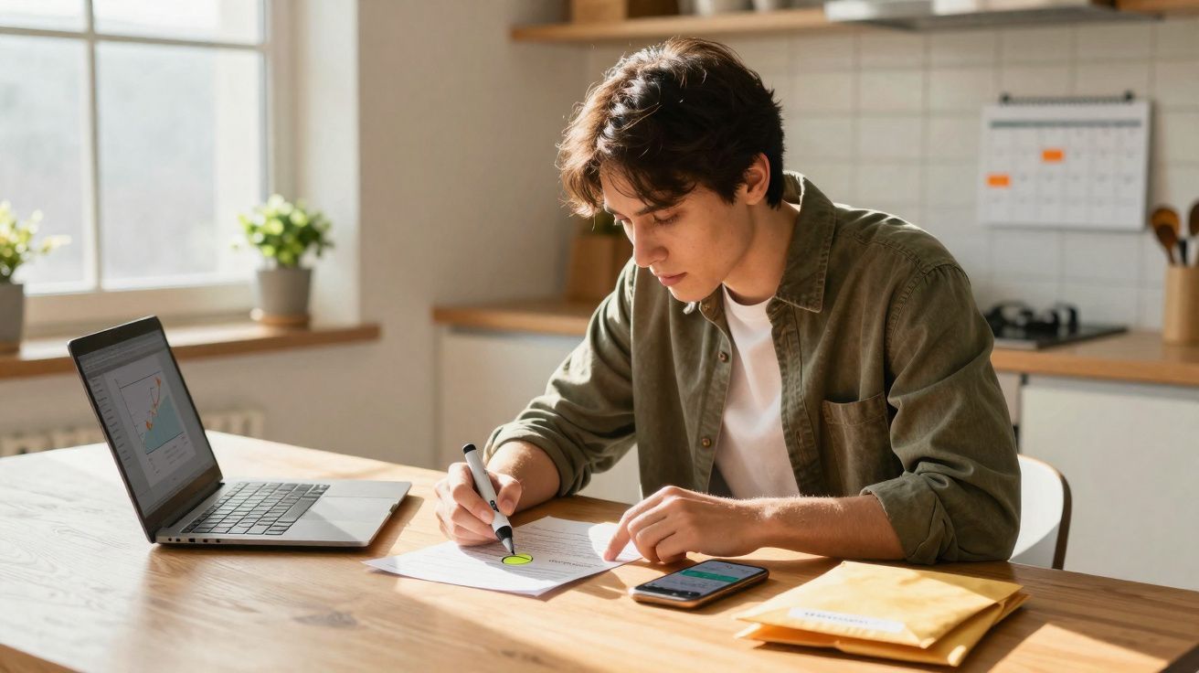 Jovem a trabalhar em casa, a assinalar documento com marcador, com portátil e telemóvel numa mesa de madeira.